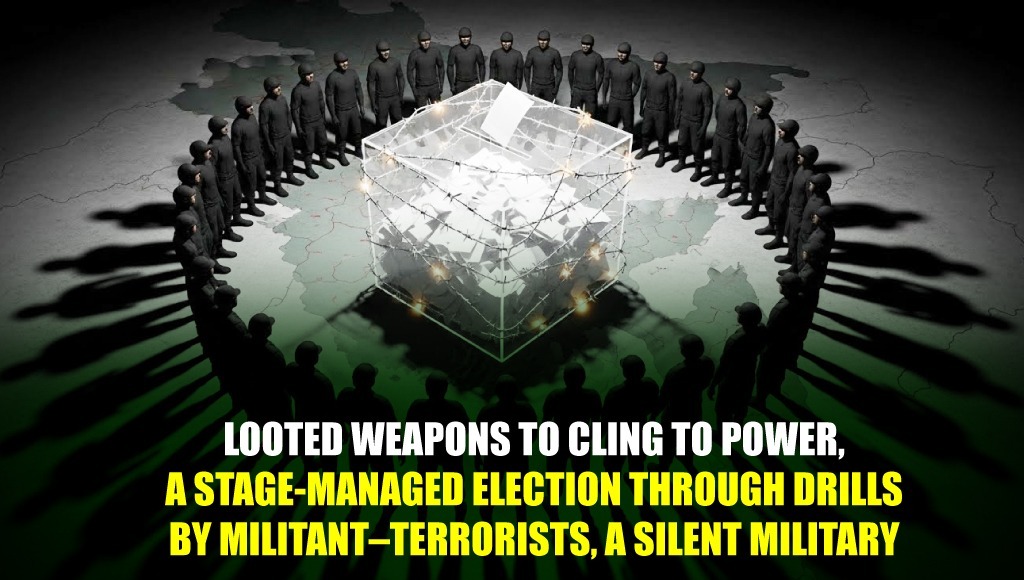 Looted weapons to cling to power, a stage-managed election through drills by militant–terrorists, a silent military